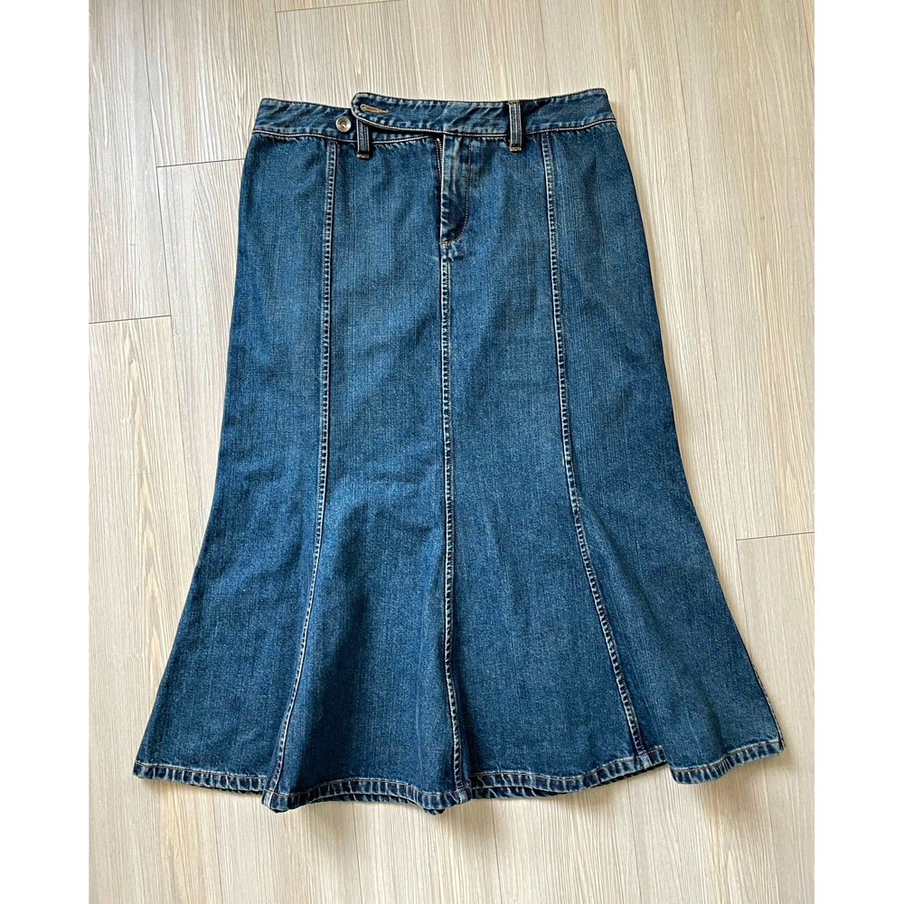 Lauren Jeans Co. Women's Blue Cotton Denim Ruffle Midi Button Skirt Sz 6 Y2K 90s